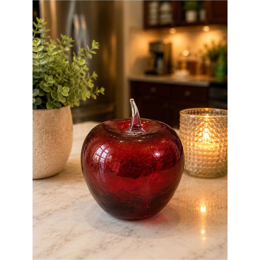Vintage Hand Blown Ruby Red Crackle Glass Apple Art Glass Paperweight